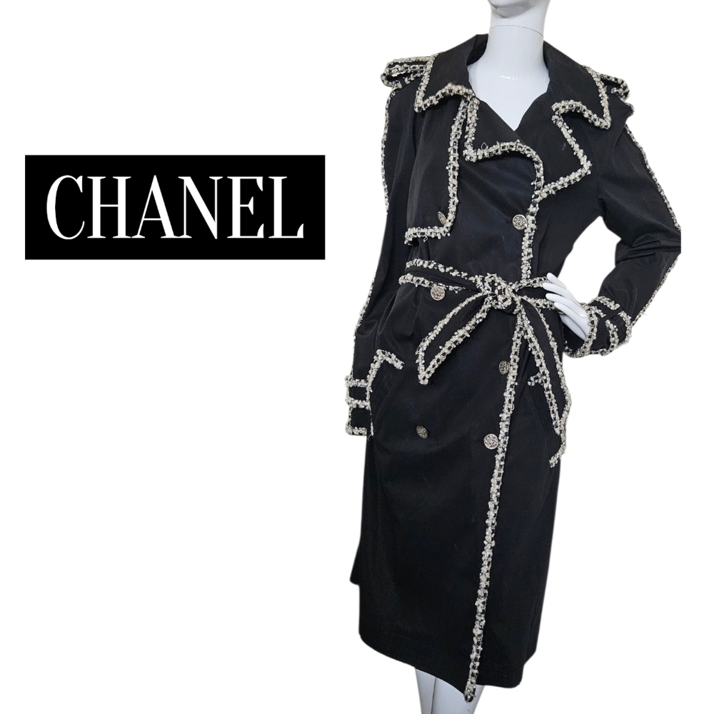 Chanel S/S 2004 Black Trench Coat with Black/White/Tan Bouclè/Sequin Trim